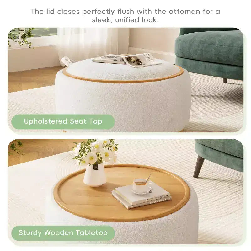 Polibi Round Storage Ottoman with Solid Wood Cylinder Base & Reversible Lid – Image 8