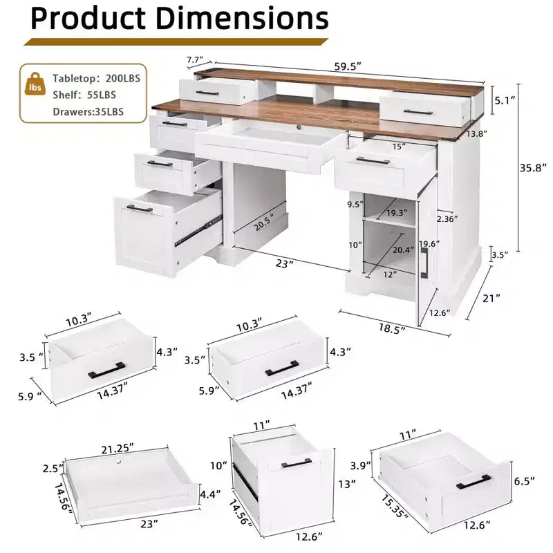 59 Executive Desk with 6 Drawers, Wooden Computer Desk with File Drawer & Charging Station, Home Office Desk Conference Table for Home Office – Image 13