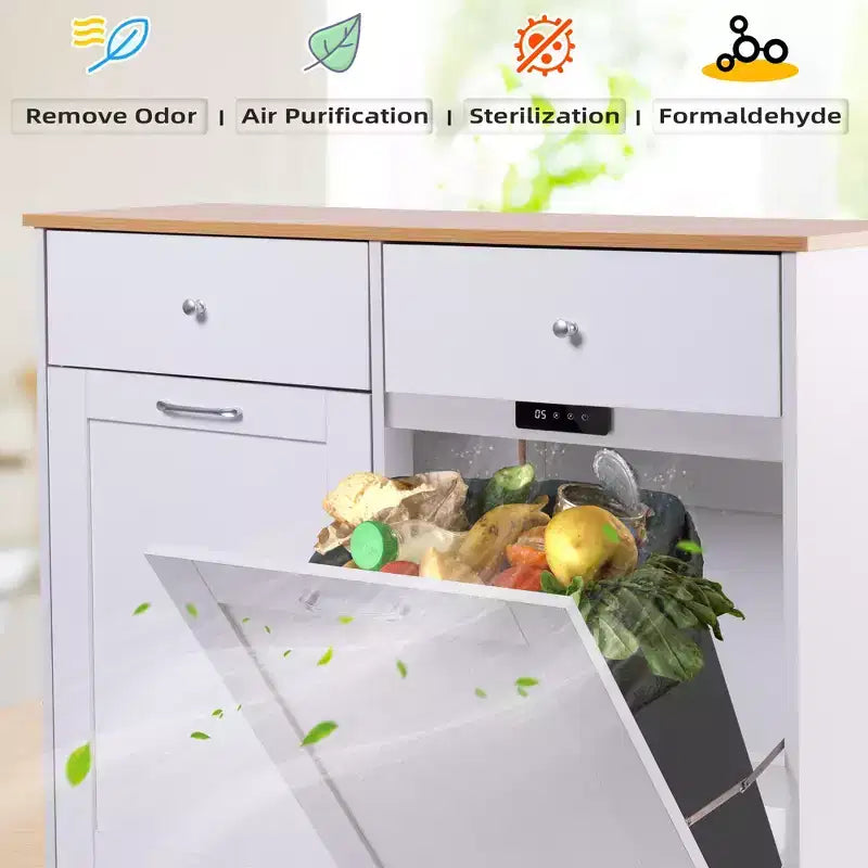 EROMMY Double Tilt Trash Cabinet with 2 Drawers, Trash Cabinet with Storage on Wheels,white – Image 3
