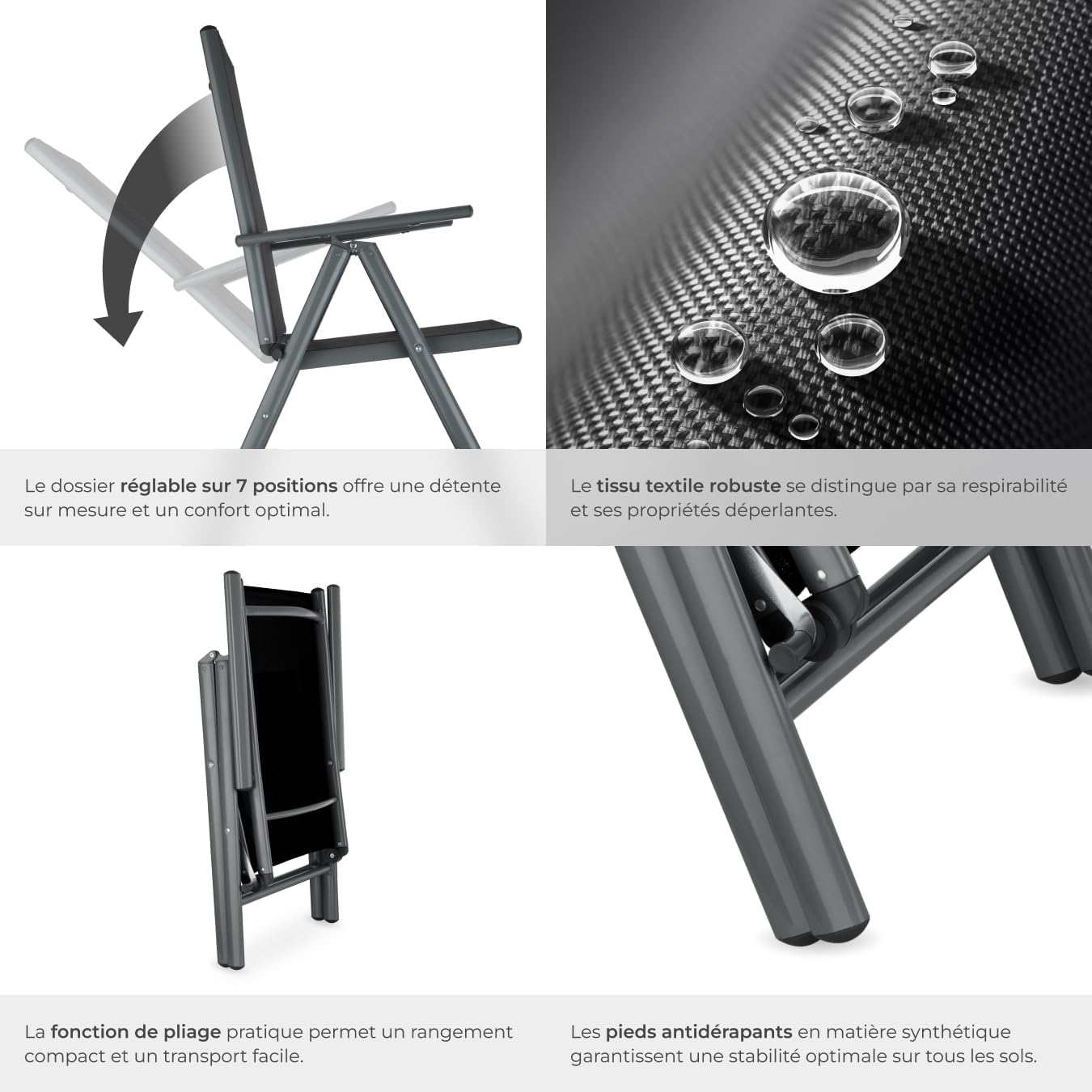 TecTake® Lot de 4 Chaises de Jardin Pliantes avec accoudoirs Chaises d´extérieur avec Cadre en Aluminium, Dossier Haut Réglable 7 Positions, Résistante intempéries, pour Salon de Jardin Exterieur – Image 6