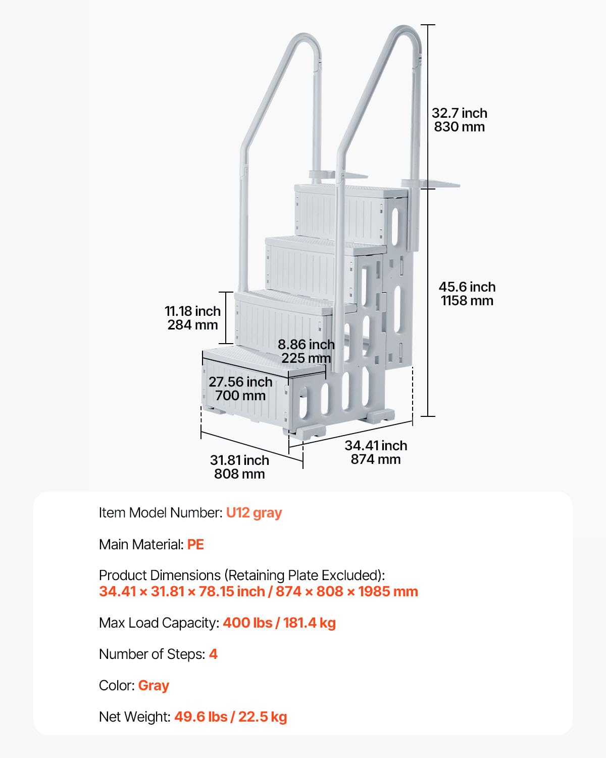 VEVOR Escalier de Piscine en Plastique avec 2 Rampes, 4 Marches Antidérapantes, Capacité de Charge 181,4 kg, pour Piscines Creusées 122-137 cm, Terrasse, Jardin, Maison, Intérieur, Extérieur, Gris – Image 7