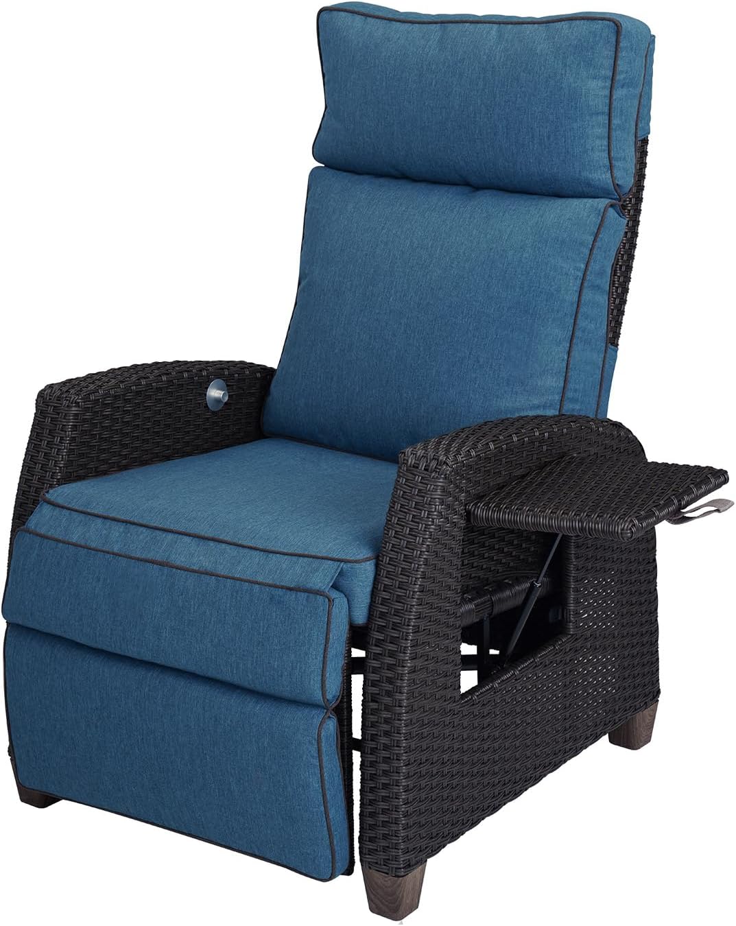 Grand patio Chaise longue inclinable à position réglable avec table rabattable et coussin pour jardin, cour, terrasse, extérieur – Coussin bleu paon et osier marron – Image 11