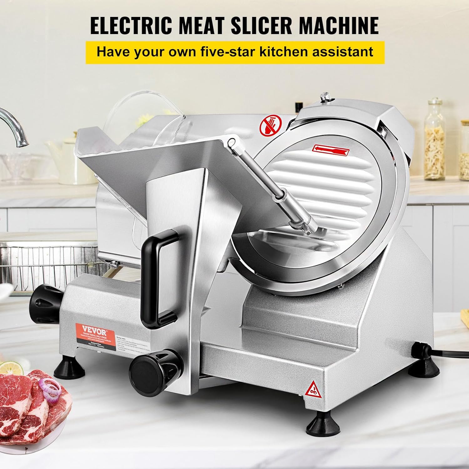 VEVOR Trancheuse Électrique Commerciale 200 W Trancheuse à Jambon Lame 203 mm 350-400 tr/min Trancheuse Charcuterie en Acier Inoxydable et Alu pour Couper en Tranches Viande Fromage Légumes Fruits – Image 2