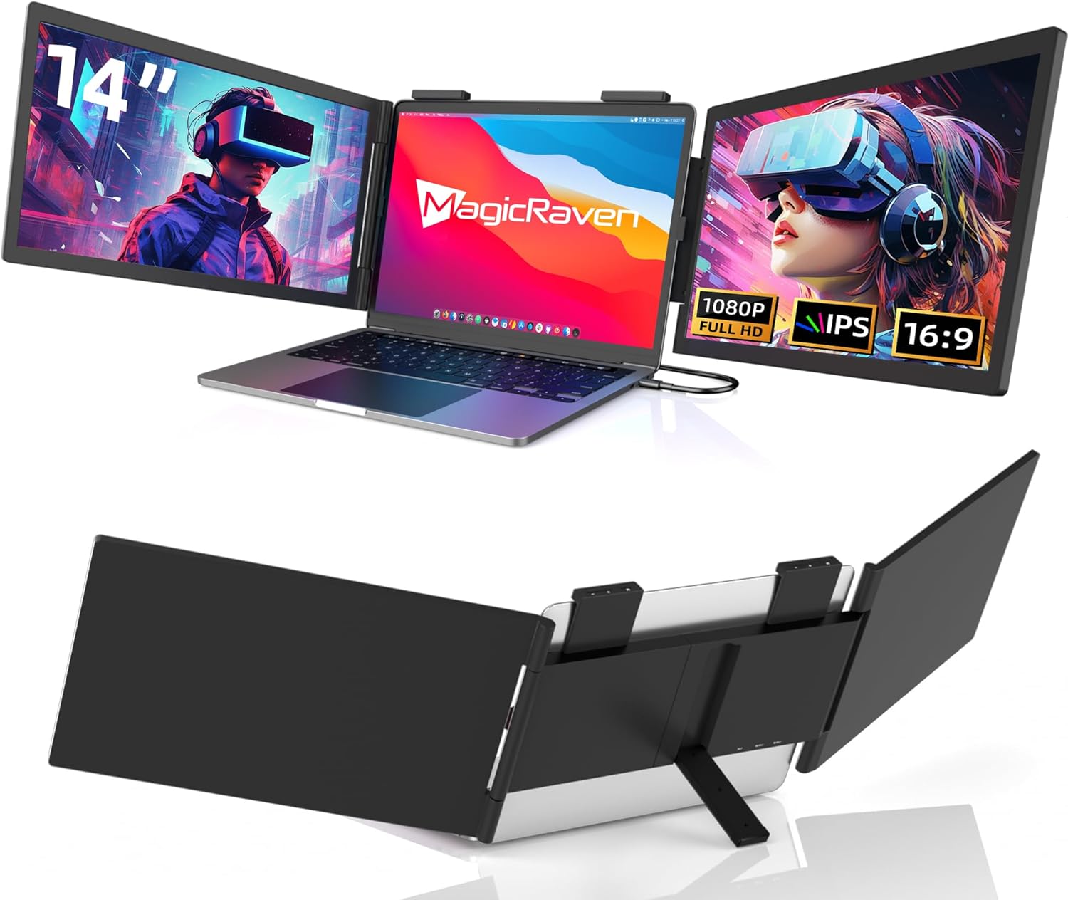 Moniteur pour Ordinateur Portable 14 FHD 1080P IPS, Triple Écran Portatif USB C, Extension Écran pour Ordinateur Portable 14-16 Compatible avec Mac, Windows, Chrome, Switch, PS45