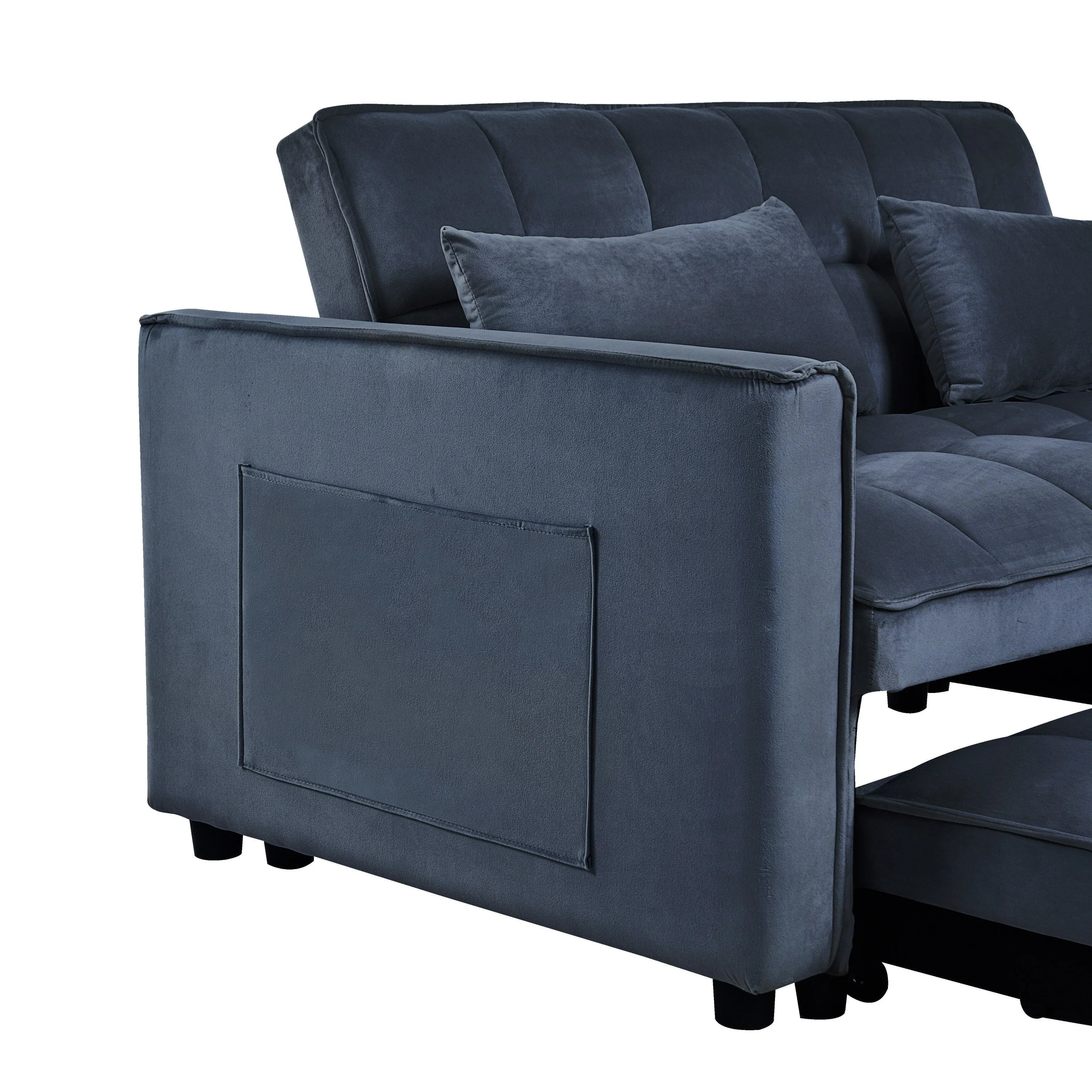 Modern Pull-Out Couch Bed, 3-in-1 Sleeper Sofa with Adjustable Backrest, Velvet Loveseat, Pillows & Side Pockets – Image 28
