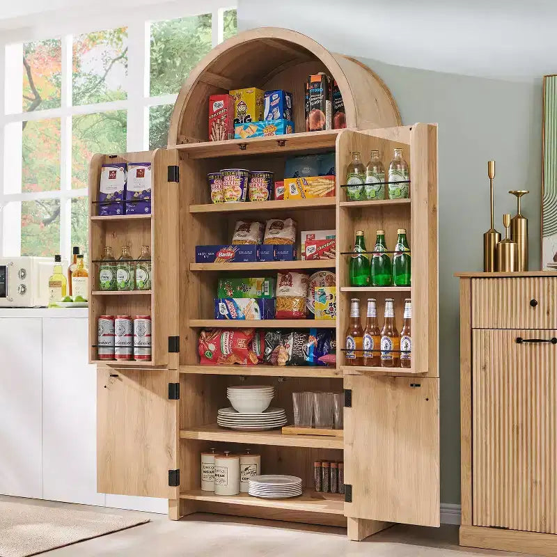 71 Tall Arched Kitchen Pantry, Modern Storage Cabinet with 3 Adjustable Shelves, 6 Door Shelves, for Kitchen, Living Room – Image 23