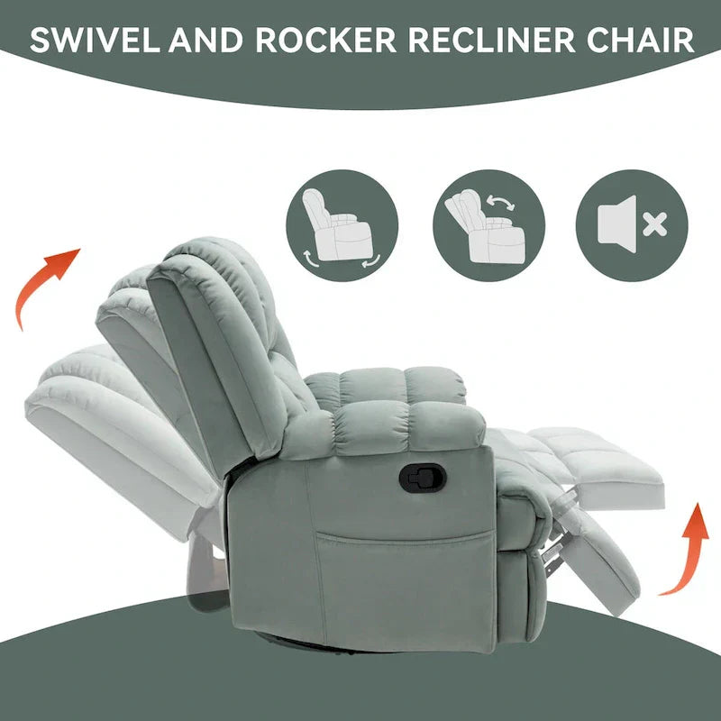 Lazy Boy Swivel Rocker Fabric Recliner Chair, Overstuffed Large Manual Recliner Glider with Pillow Top Arms and Cushion Back – Image 13