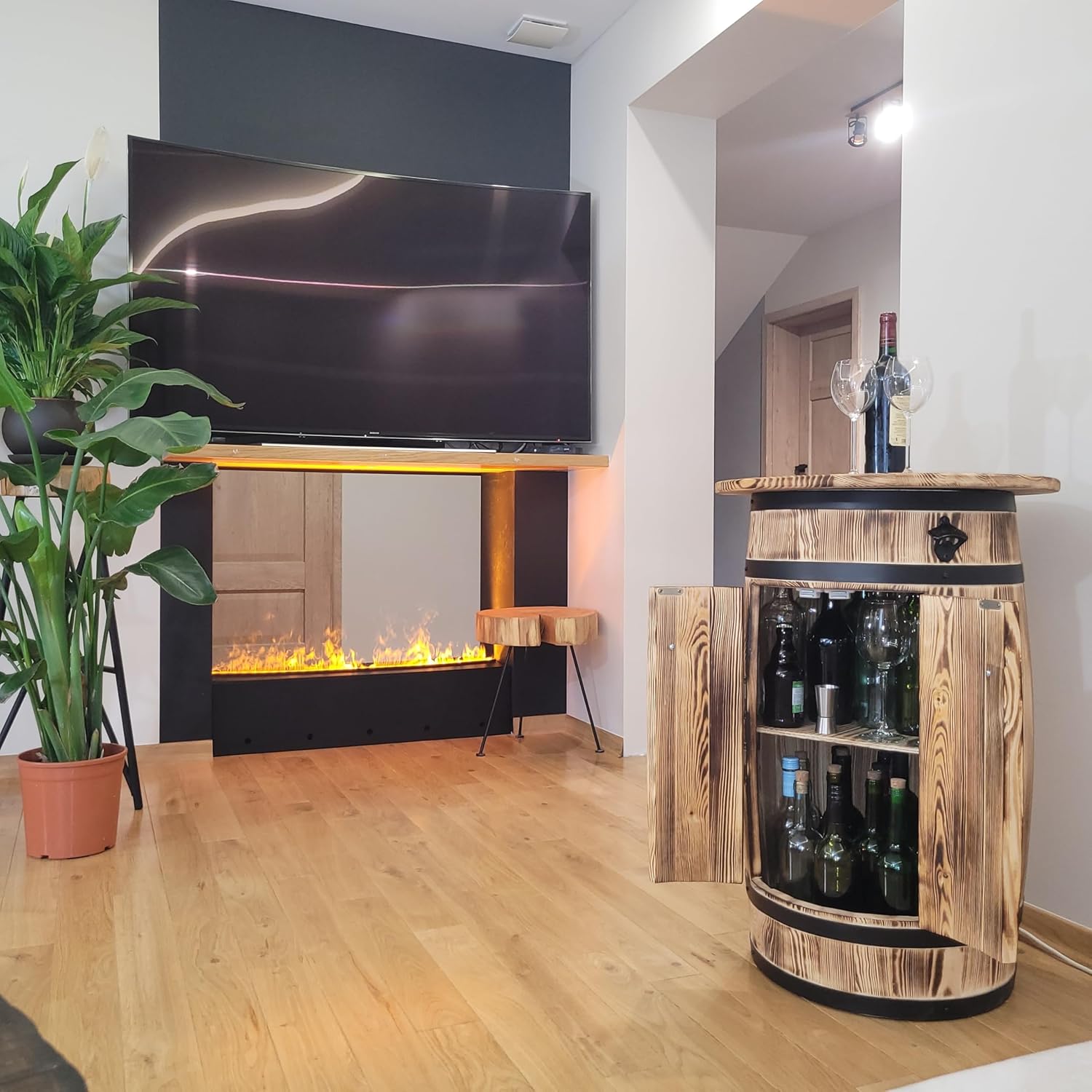weeco Baril en bois avec étagères et portes pour ranger l'alcool - Meuble de bar avec grande surface de rangement pour 30 à 40 bouteilles - Casier à vin - 80 x 55 x 44 cm - Marron clair – Image 5
