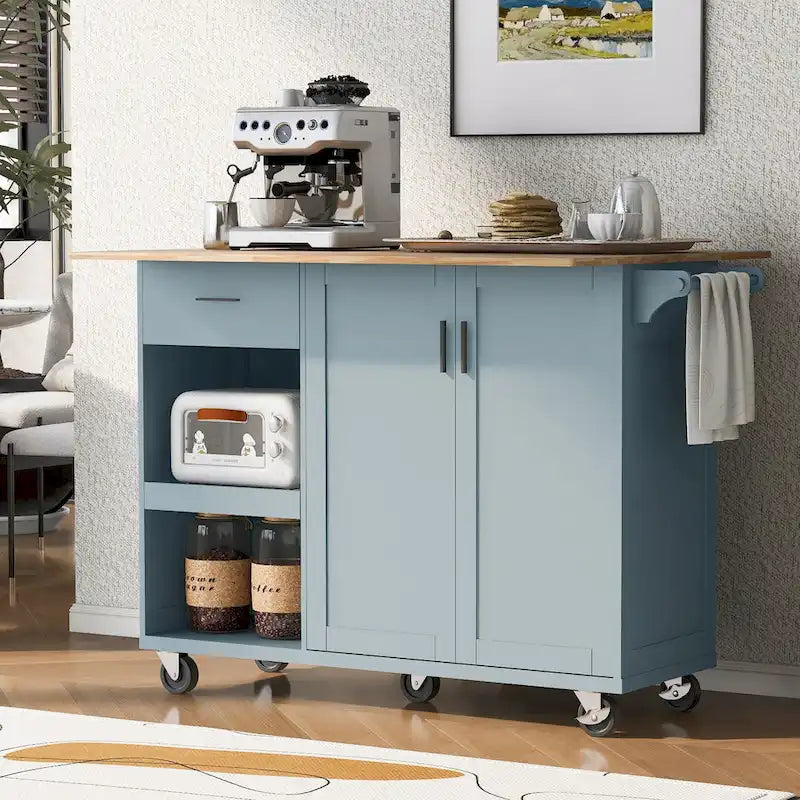 Kitchen Island with Foldable Counter Top, Kitchen Storage Cart with Slide-Out Shelf, Towel Rack and Drawer, Rolling Wheels – Image 30