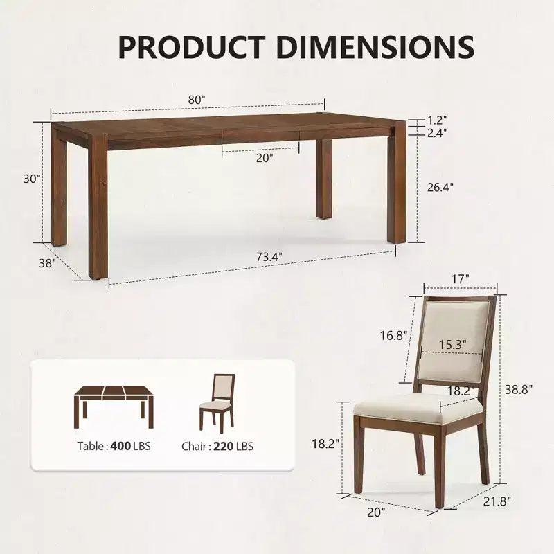 Modern Dining Set - 80 Table + 6 Cushioned Chairs, Solid Wood Frame, 400lbs Table Capacity, Easy Assembly – Image 47