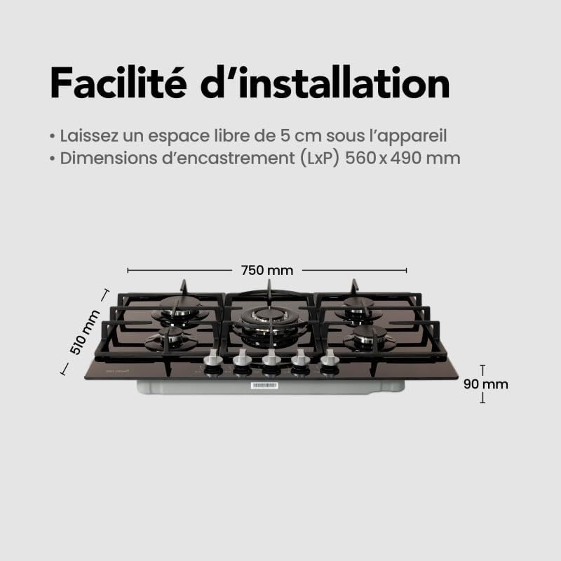 Plaque gaz 5 feux en verre noir - Brûleurs et grilles en fonte - 10 800 Watts encastrement 56x49 cm – Image 7