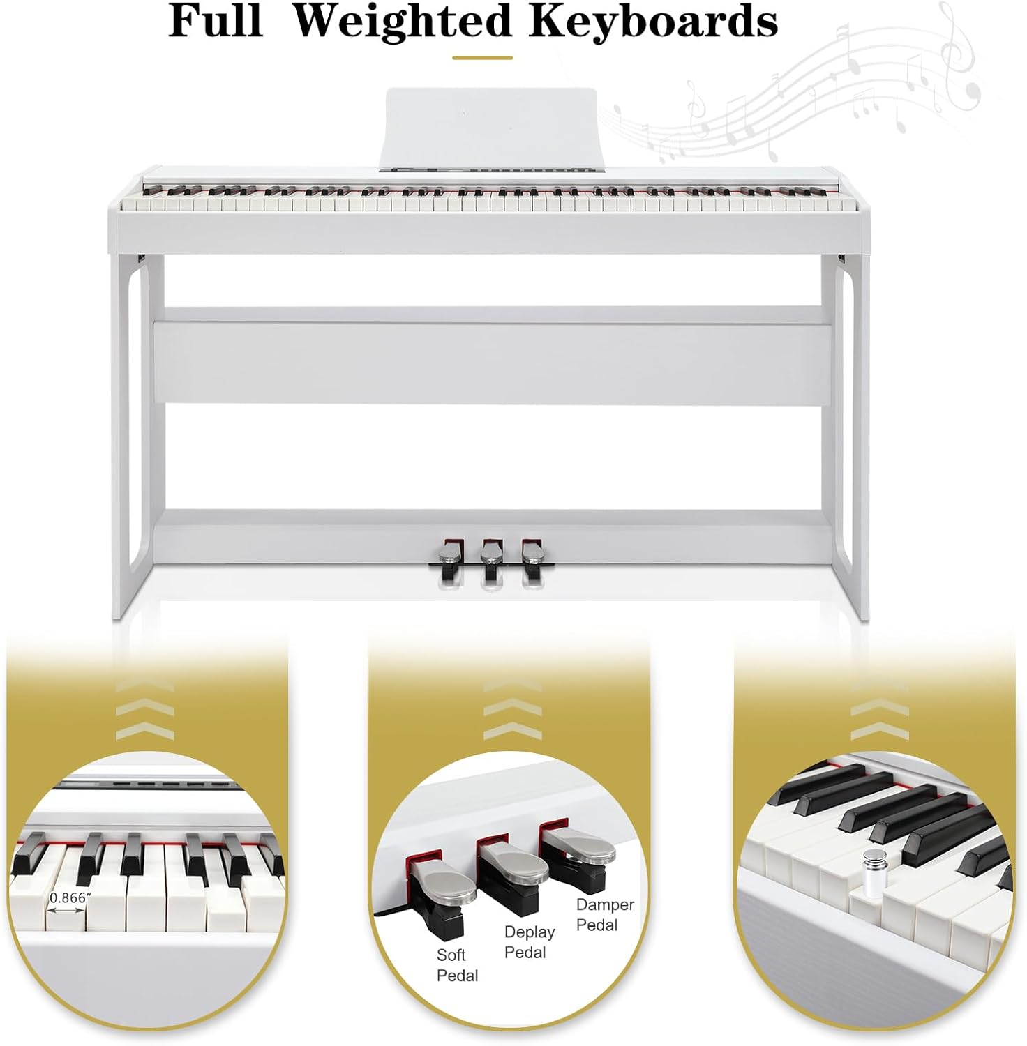 LEADZM Piano Numérique 88 Touches, Clavier Entièrement Lesté, Piano Électrique avec MIDI-USB, Bluetooth et Haut-Parleurs Stéréo, 128 Sonorités et Rythmes, Système à 3 Pédales, Blanc – Image 3