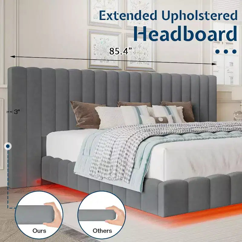 AMERLIFE Upholstered Platform Bed with LED Lights, Floating Design, Solid Slat Support – Image 12