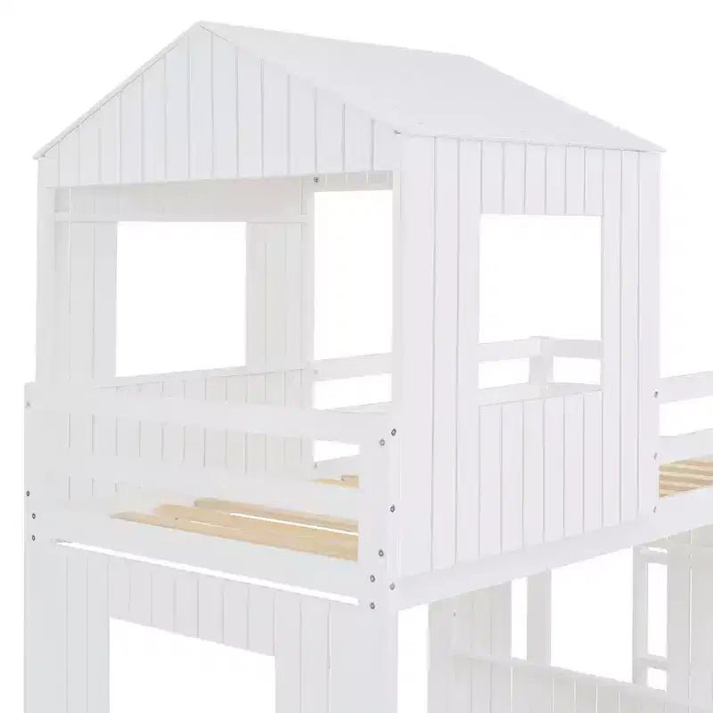 Luxystar Twin Over Full Wood Bunk Bed with Playhouse, Slide and Guardrails – Image 3