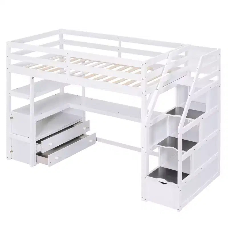 Okak Full/Twin Size Solid Wood Bunk Bed with 2 Built-in Drawers & Storage Staircase Loft Bunk Bed with Desk & Shelves for Kids Teens, Easy Assemble – Image 11