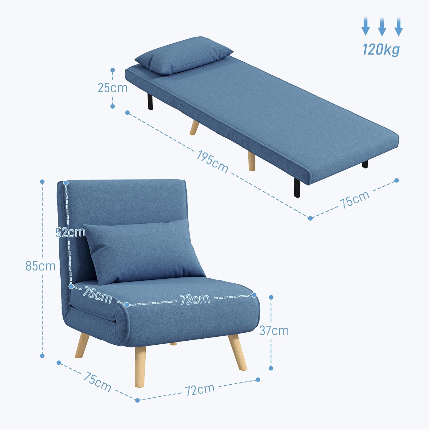 HOMCOM 3 en 1 Fauteuil Convertible 1 Place, Fauteuil lit et chauffeuse - Dossier inclinable 5 Niveaux et Oreiller Inclus, siège rembourré - pour Bureau, Salon, Chambre à Coucher, Bleu – Image 3