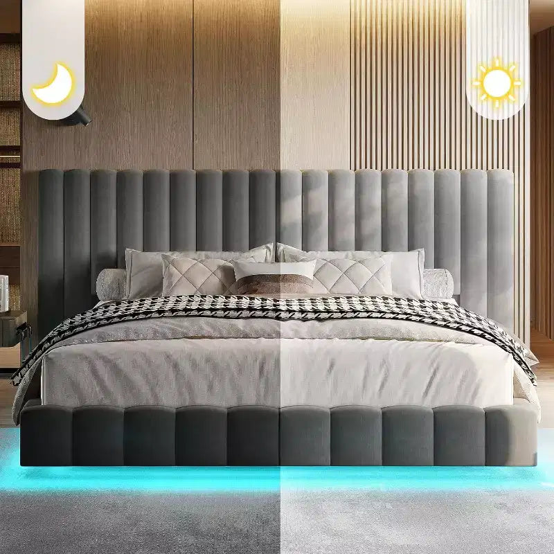 AMERLIFE Upholstered Platform Bed with LED Lights, Floating Design, Solid Slat Support – Image 15