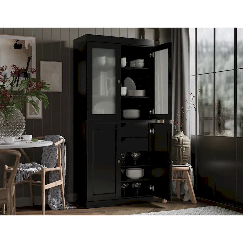 100% Solid Wood Pantry Cabinet with Frosted Glass Doors, Solid Doors, 2-Drawers and Adjustable Shelves – Image 33