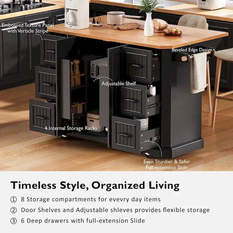 Expandable Drop-Leaf Kitchen Island, Kitchen Cart on 4 Wheels with Power Outlet, Moveable Island Table with 2 Door & 6 Drawers – Image 7