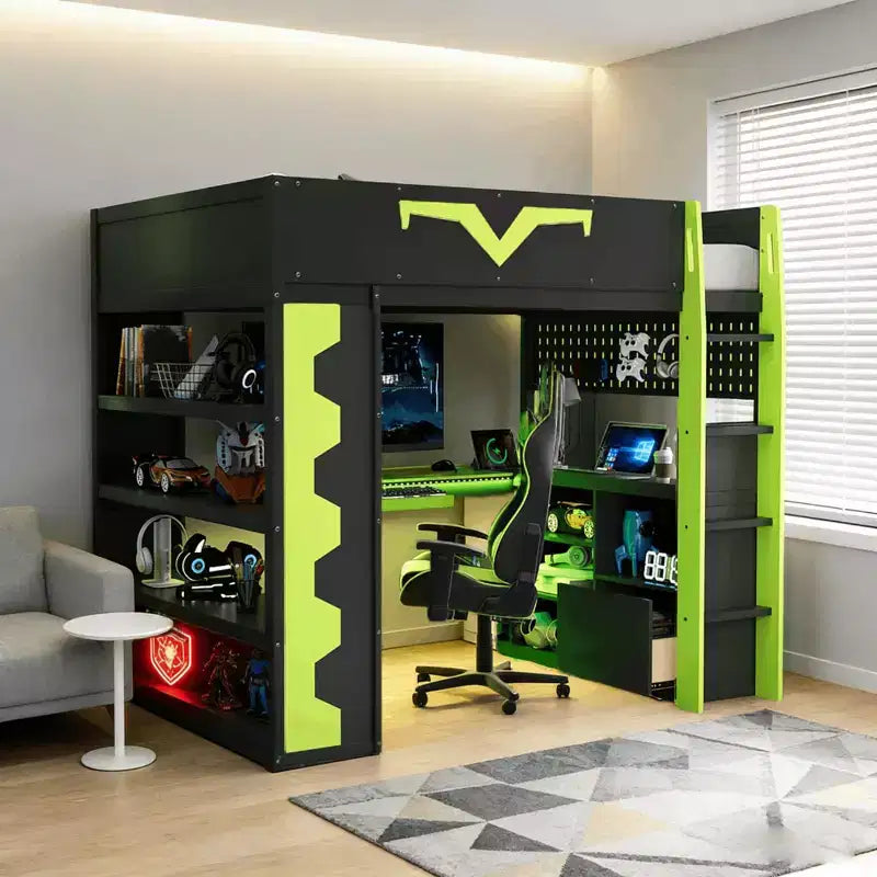 Luxystar Modern Gaming Full Loft Bed With Lighted Desk And Keyboard Tray, Pegboard, Storage Bookcase – Image 3
