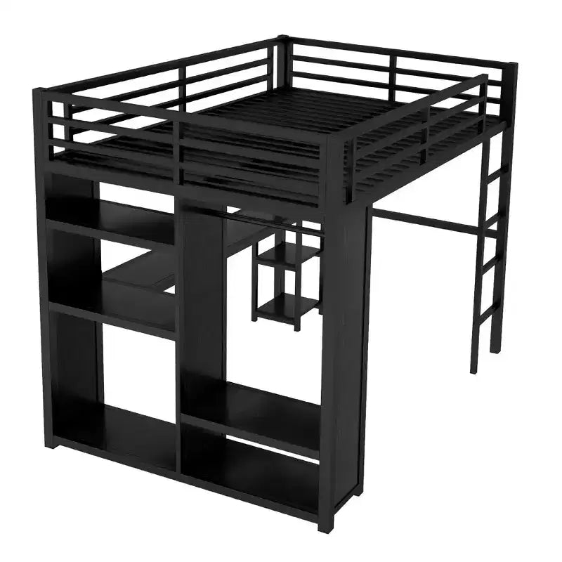 Queen Size Loft Bed Frame with Built-in Wardrobe Metal Loft Bed with Desk and Storage Shelves Black – Image 3