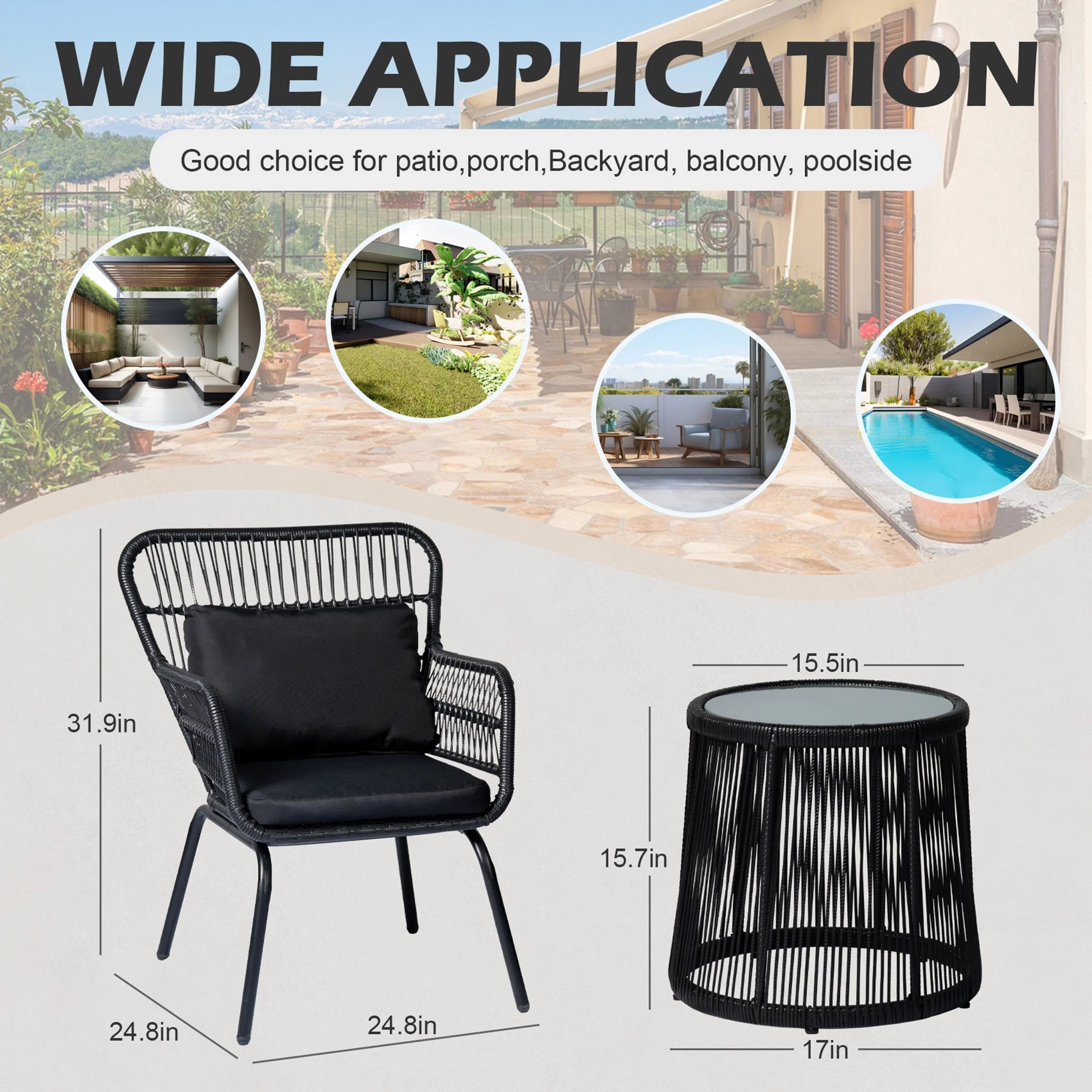 3 Piece Outdoor Wicker Conversation Bistro Set, All-Weather Rattan Furniture Patio Chairs Set with Cushions – Image 5