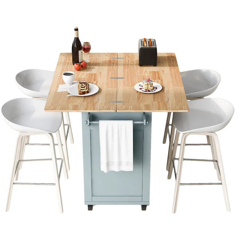 Kitchen Island with Foldable Counter Top, Kitchen Storage Cart with Slide-Out Shelf, Towel Rack and Drawer, Rolling Wheels – Image 11