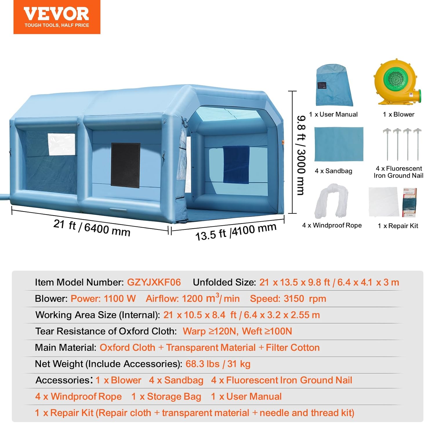 VEVOR Cabine de Peinture Gonflable 6,4x4,1x3 m, Tente Peinture Gonflable Automobile avec Souffleur Puissant de 1100 W et Système de Filtration, Station de Travail pour Pose de Peinture Atelier Garage – Image 7