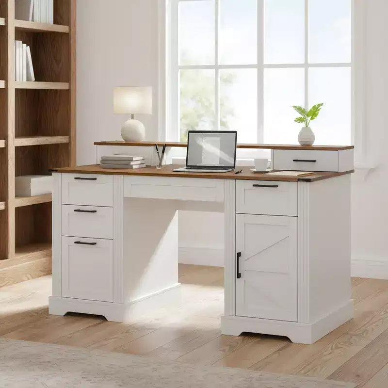 59 Executive Desk with 6 Drawers, Wooden Computer Desk with File Drawer & Charging Station, Home Office Desk Conference Table for Home Office – Image 3