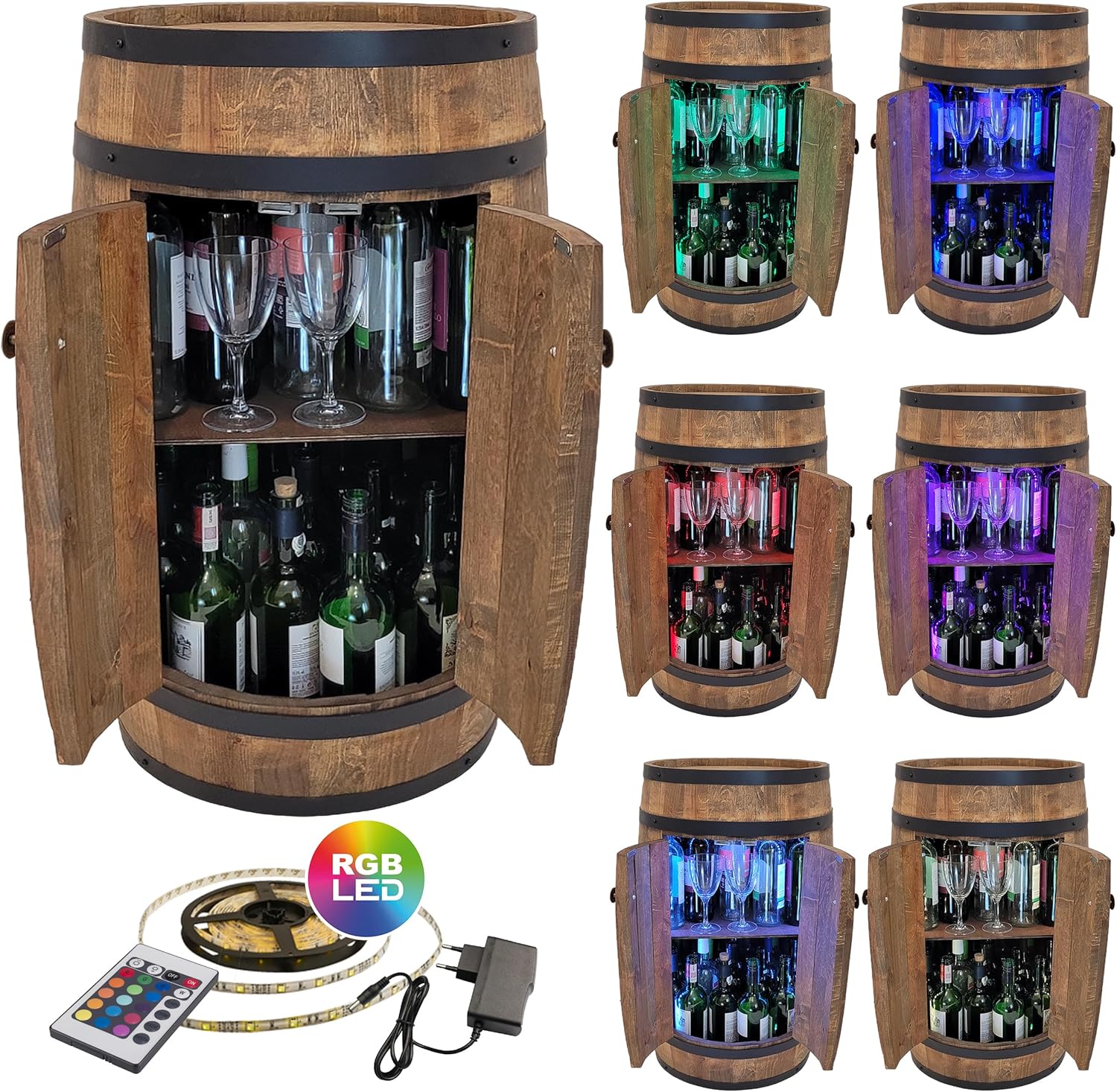 weeco Tonneau en Bois avec LED RGB et Deux Étagères – Mini Bar avec Portes – Couleur Wenge, Brun Foncé – Dimensions 80x50cm – Image 5