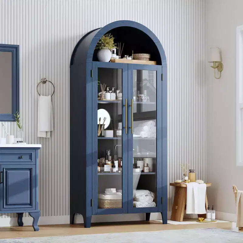 Tall Arched Storage Cabinet with Glass Doors, 5-Tier Display Bookcase with Adjustable Shelves for Kitchen or Living Room – Image 4