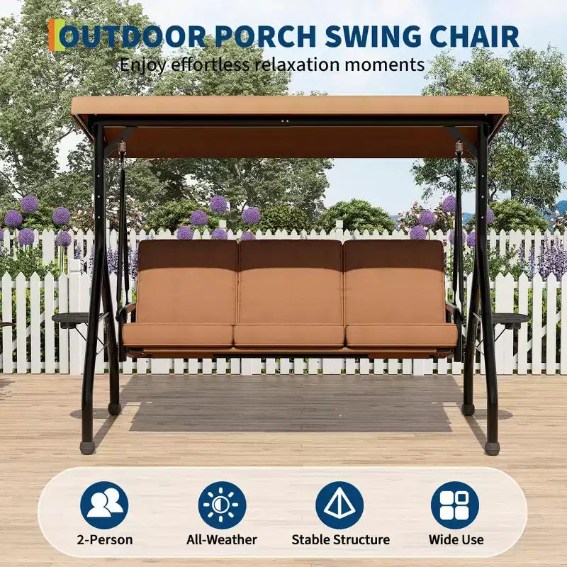 Coolmee 3 Seat Outdoor Porch Swing, 2-in-1 Patio Swing Chair with Thickened Removable Cushions, Weather Resistant Steel Frame for Backyard, Garden – Image 2