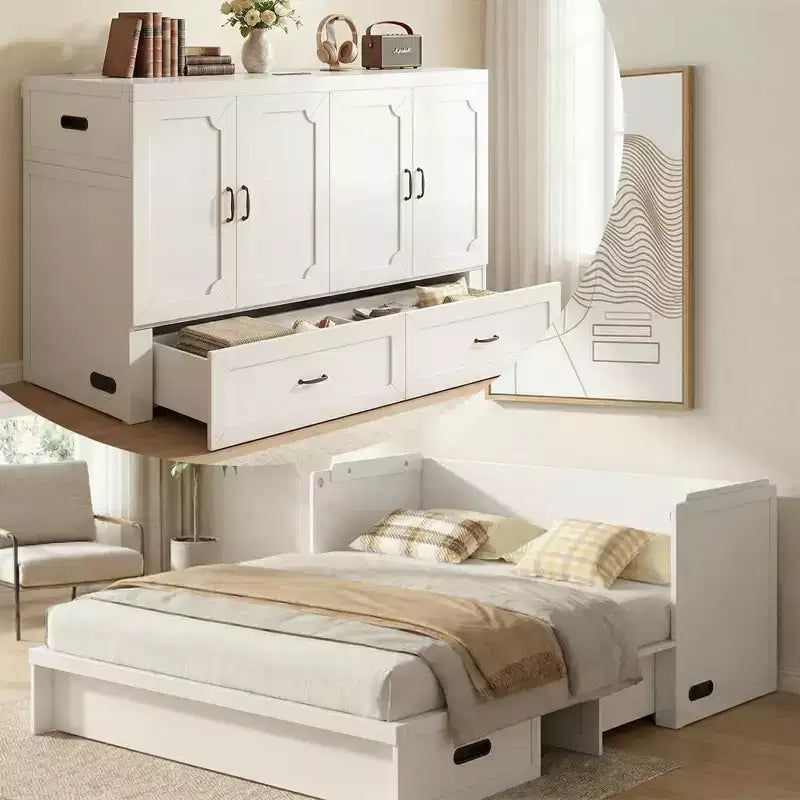 Mjkone Queen Size Convertible Murphy Cabinet Bed with Mattress, USB Charging, Storage Drawers – Image 23
