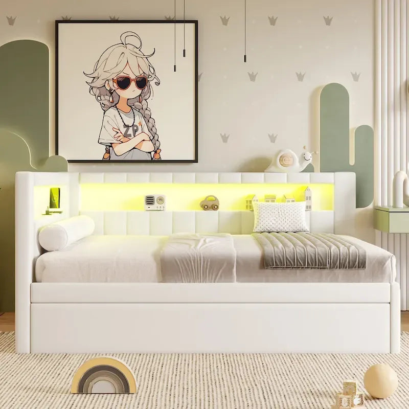 Upholstered Platform Bed with USB Ports & LED Lighting - Full/Twin Size Bed Frame with 2 Storage Drawers - Modern Bedroom – Image 26