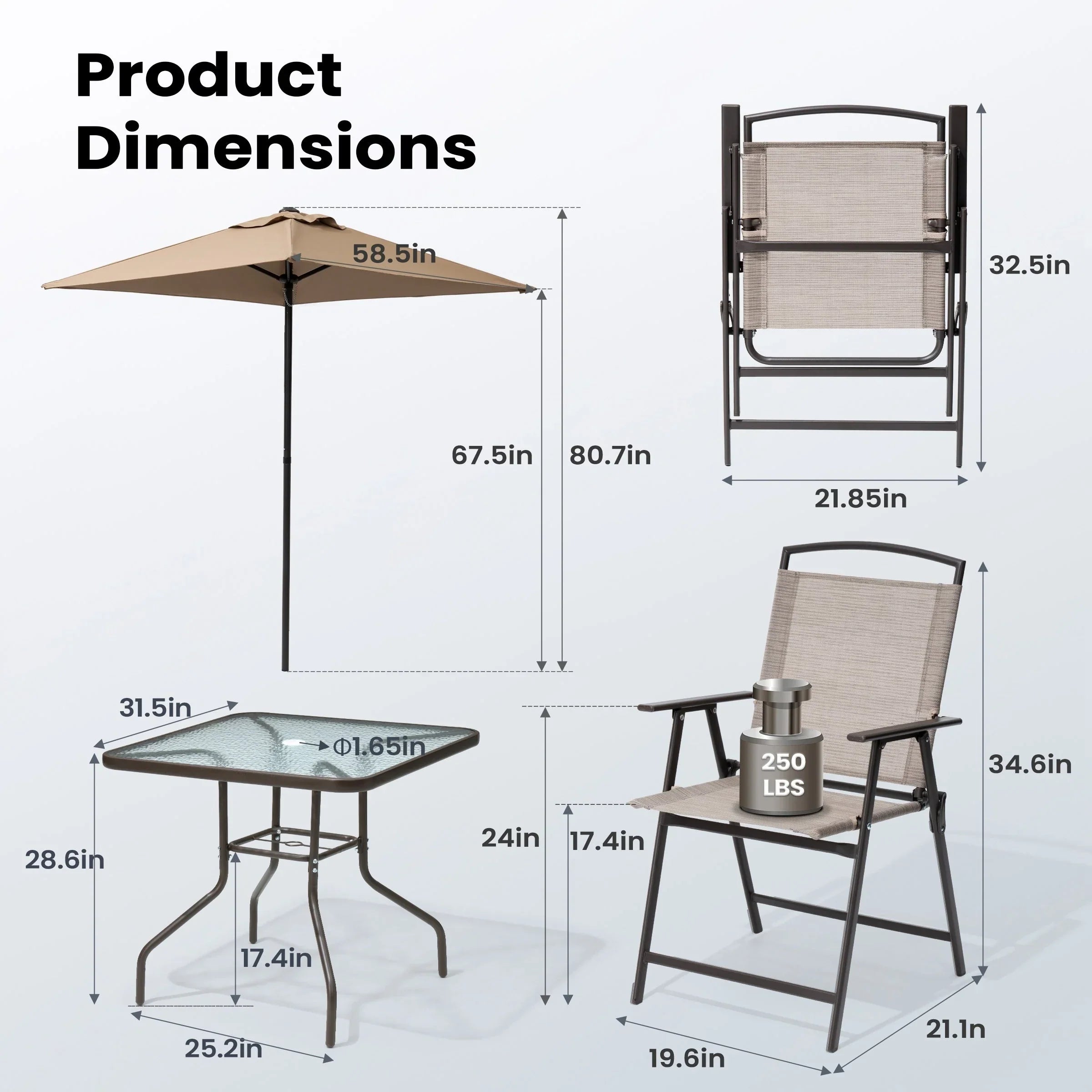 Pellebant 6 Piece Patio Set with Table, Umbrella and 4 Folding Chairs - 22.4Wx26.8Dx34.4H – Image 2