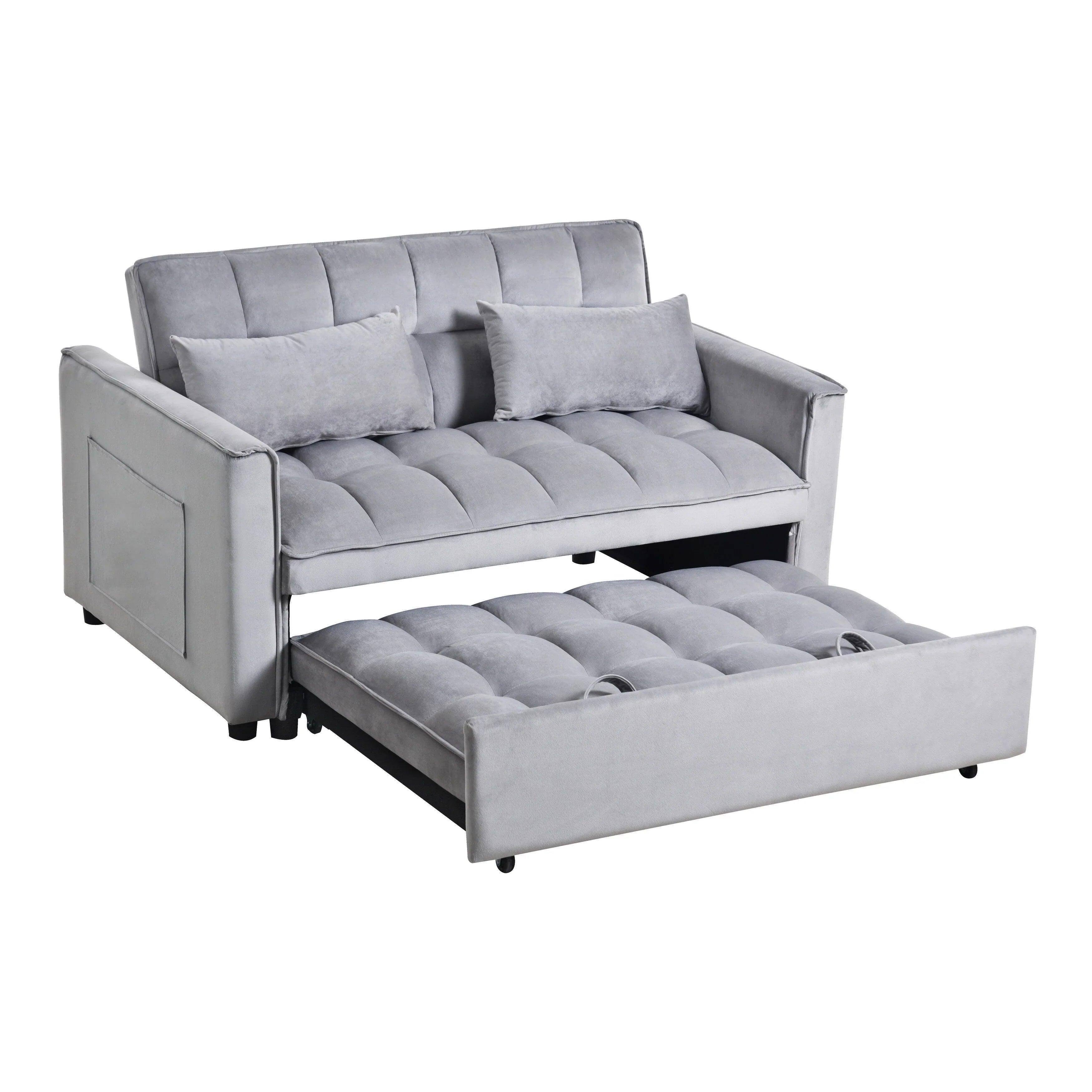 Modern Pull-Out Couch Bed, 3-in-1 Sleeper Sofa with Adjustable Backrest, Velvet Loveseat, Pillows & Side Pockets – Image 8