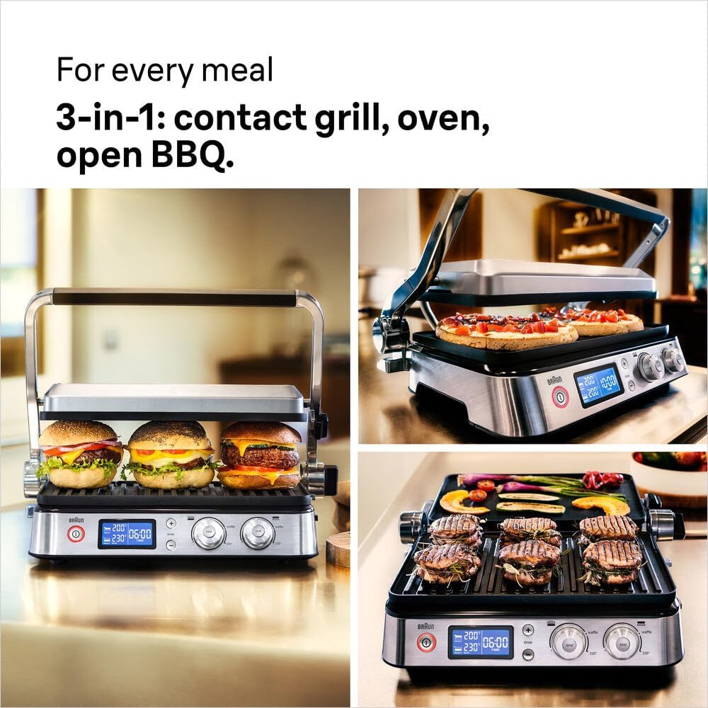 Braun MultiGrill 9 CG 9043, Appareil Panini Électrique avec Plaques de Grillage et de Cuisson, 2 Thermostats Indépendants, 3 Positions de Cuisson, Plaques Lavables au Lave-Vaisselle, 2000W, Noir/Inox – Image 3