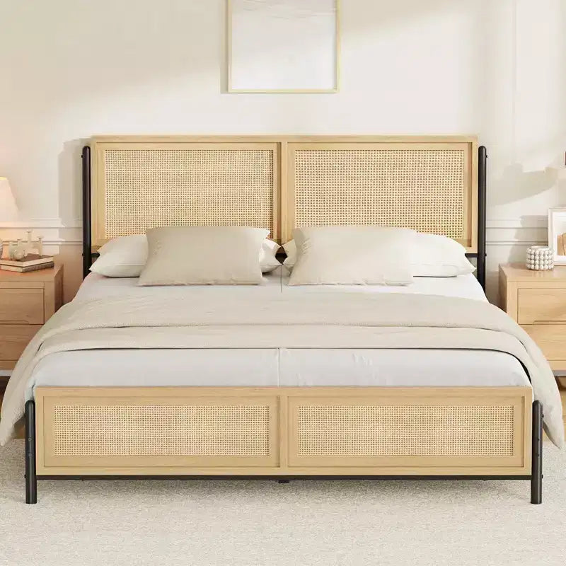 Coolmee Boho Full/Queen/King Size Bed Frame with Natural Rattan Headboard and Footboard, Wooden Platform Bed No Box Spring Needed, Noise-Free – Image 2