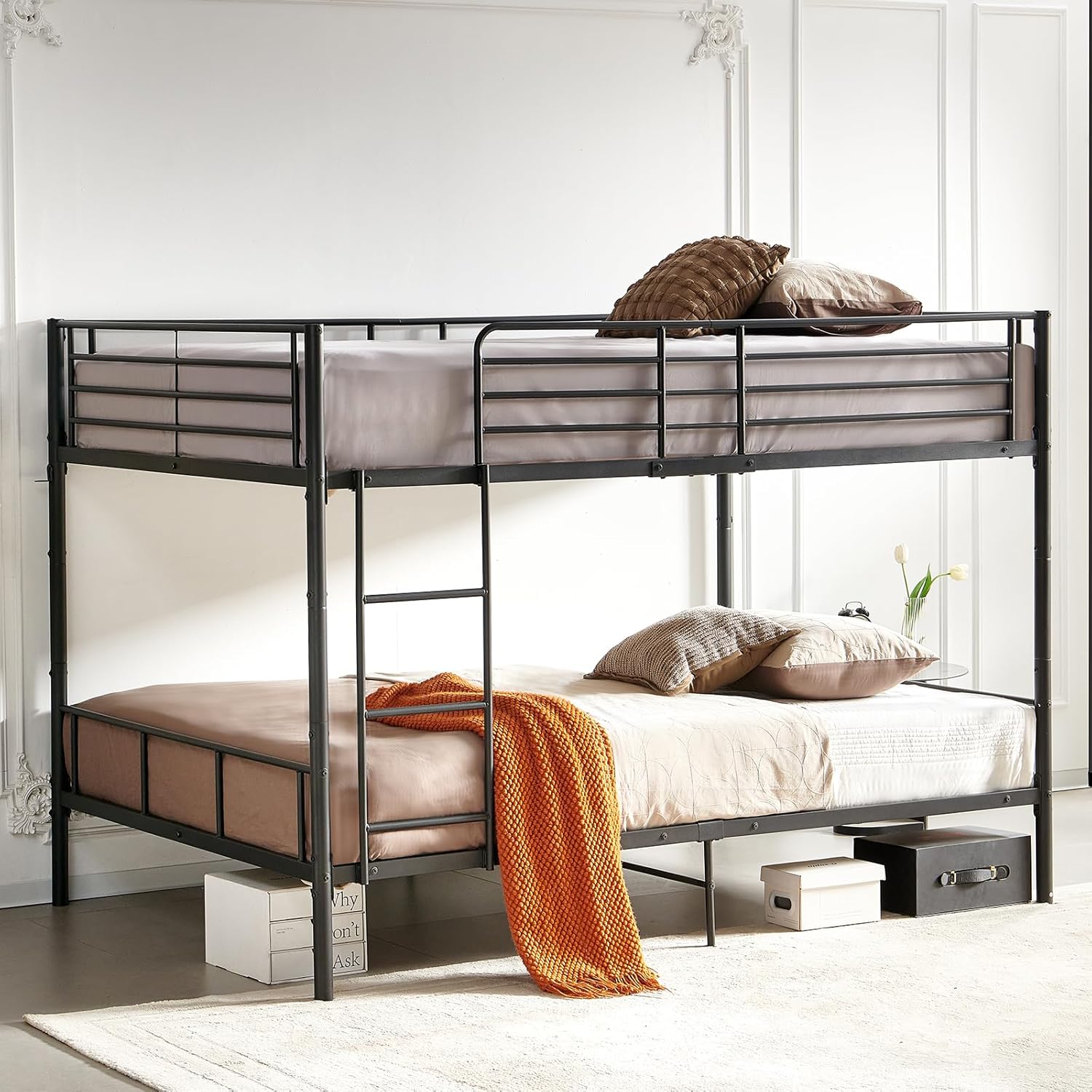 DORAFAIR Lit superposé 90 x 200 cm, en Métal, avec Sommier à Lattes, Echelle et Protection Anti-Chute, Lit Double, Noir – Image 6