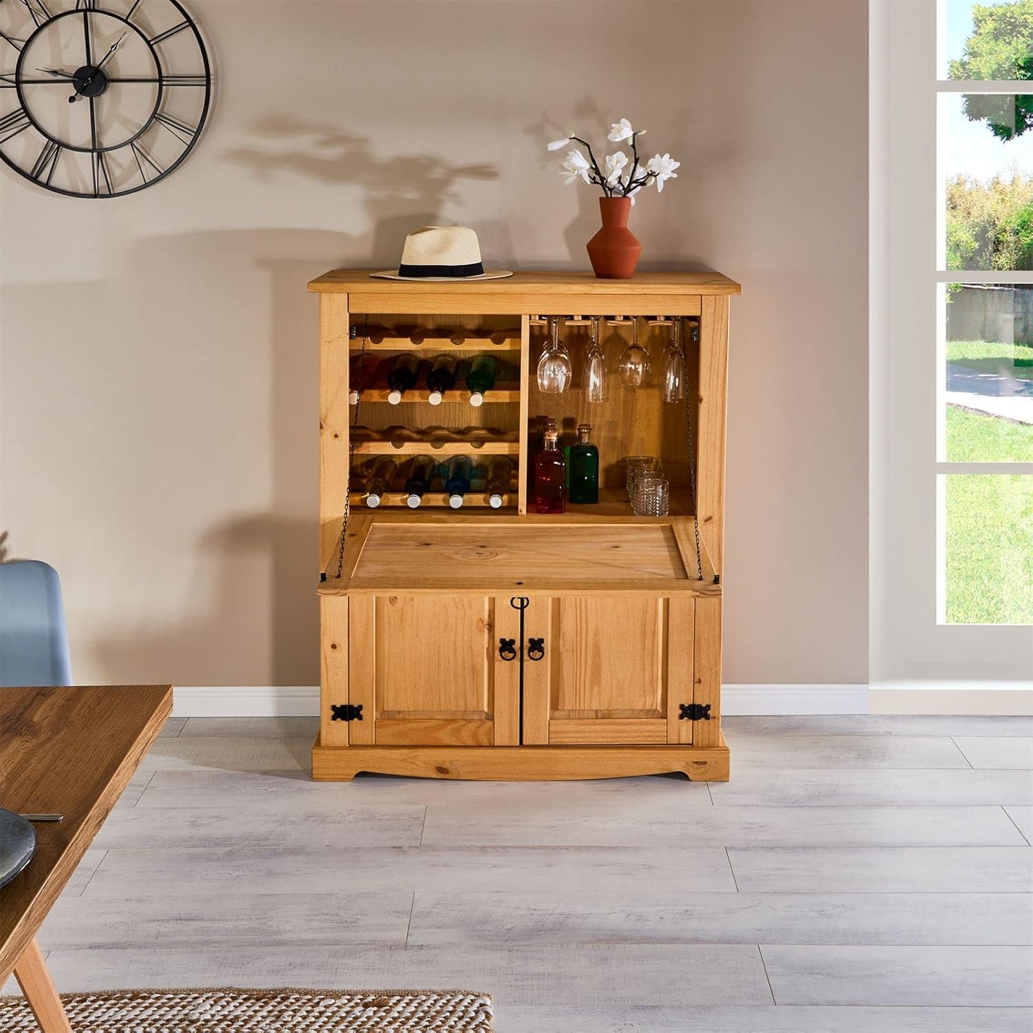 IDIMEX Meuble Bar à vin Tequila Armoire comptoir avec Range Bouteilles vin spiritueux et Range Verres, bahut de Style Mexicain en pin Massif Finition teintée/cirée – Image 2