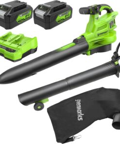 Greenworks 48V(24V x 2) Aspirateur Souffleur Sans fil de Feuilles à Batterie Bandoulière, Moteur Sans Balais, 386km/h, 14.73m³/min,Sac Mulching 45L, 2 Batteries 4Ah,Chargeur,Garantie 3 Ans BL48L421-01