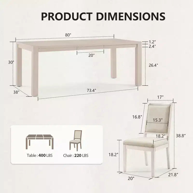 Modern Dining Set - 80 Table + 6 Cushioned Chairs, Solid Wood Frame, 400lbs Table Capacity, Easy Assembly – Image 62
