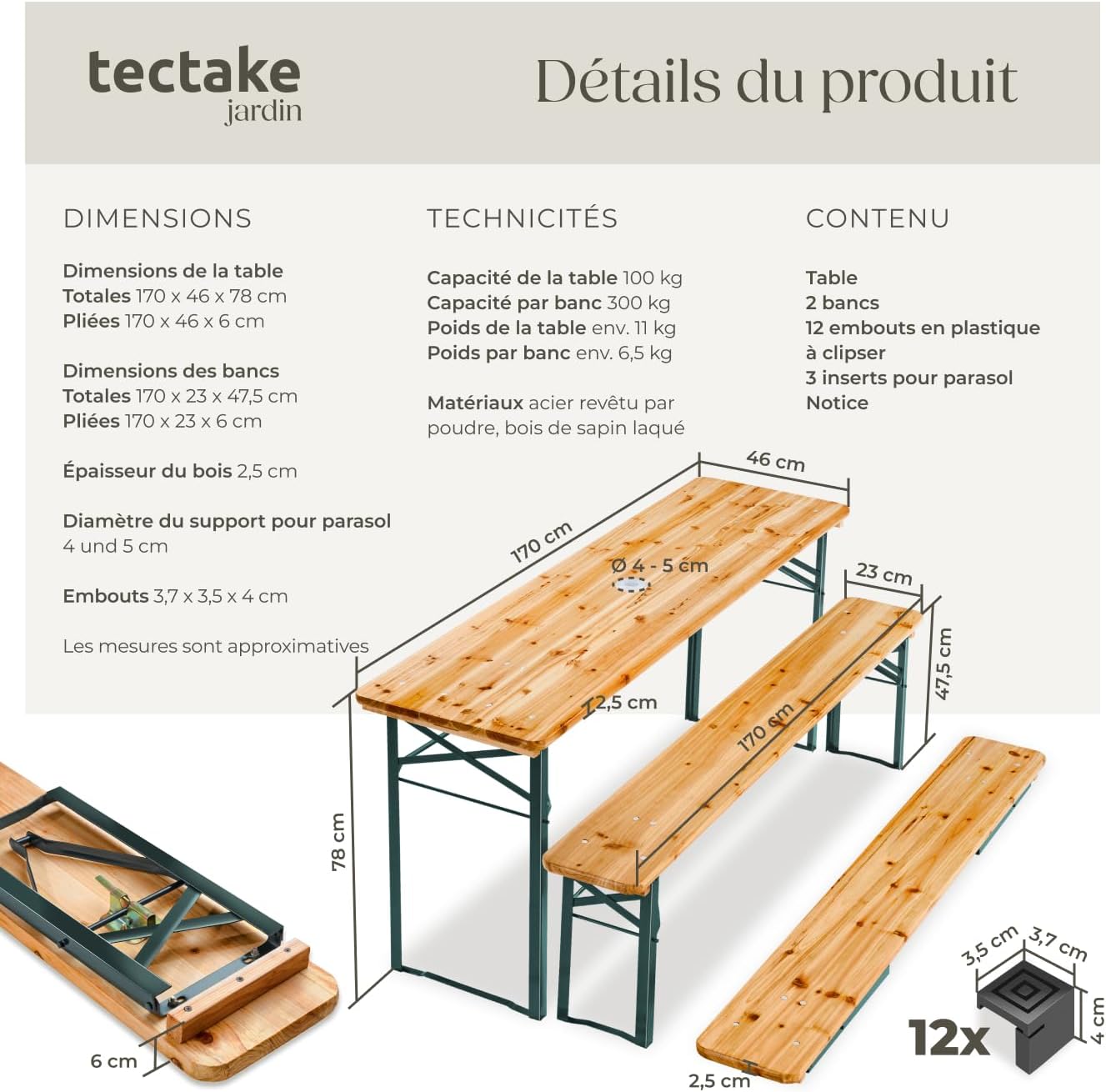 tectake® Ensemble de Table extérieure et Banc en Bois de Brasserie 3 pcs. Salon de Jardin Pliable & Peu encombrant, avec Support Parasol, Mobilier Solide pour Pique Nique Réceptions Barbecue Mariage – Image 6