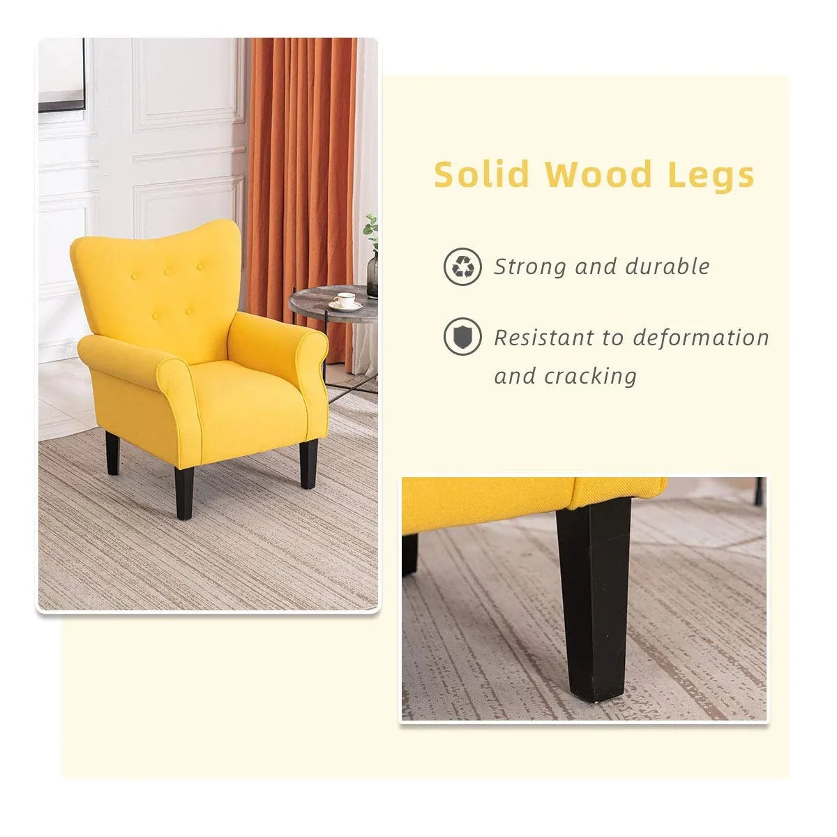 Erommy Modern Accent Chair, High Back Armchair, Upholstered Fabric Button Single Sofa with Wooden Legs for Living Room – Image 9