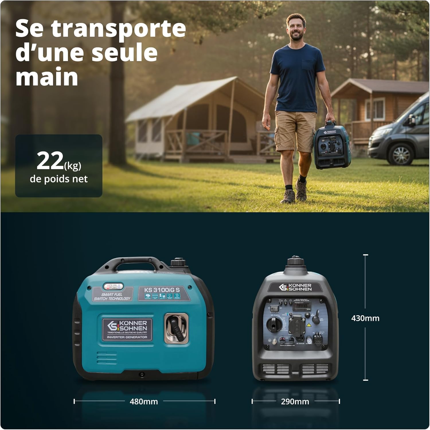Könner & Söhnen Groupe électrogène à essence KS 3100iG S Groupe d'alimentation de secours 3100 W, Schuko 230 V, 2 ports USB, indicateur LED, mode éco,générateur d'énergie EURO V – Image 6