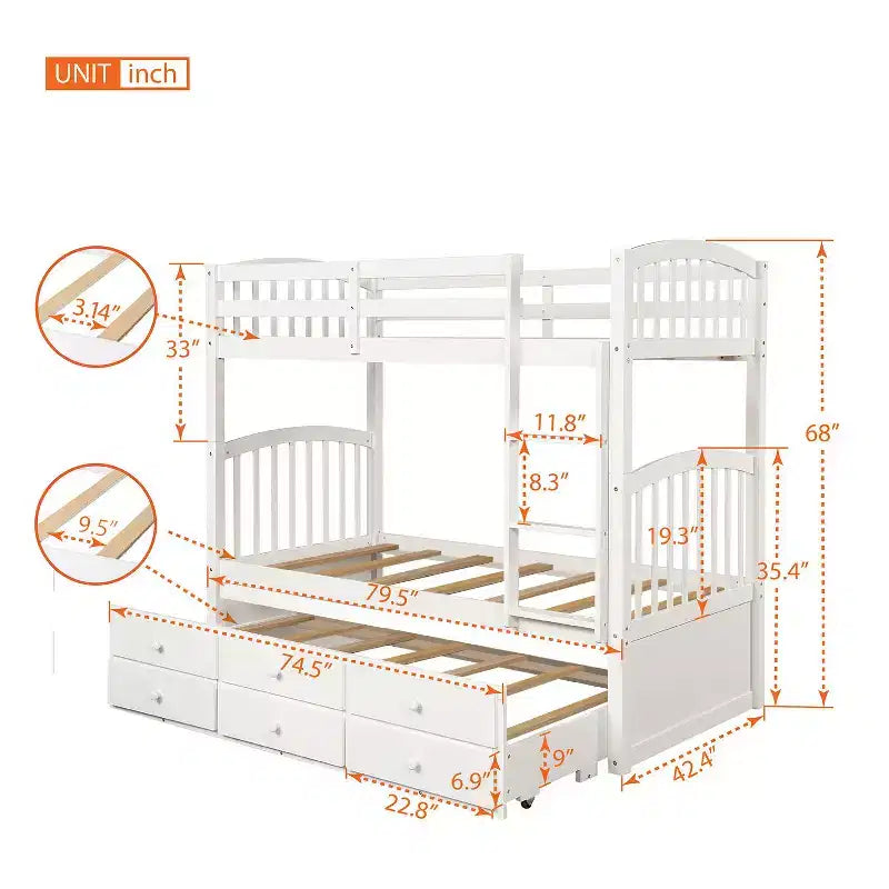 Twin Bunk Bed with Ladder, Safety Rail, Twin Trundle Bed with 3 Drawers for Teens Bedroom, Guest Room Furniture – Image 18