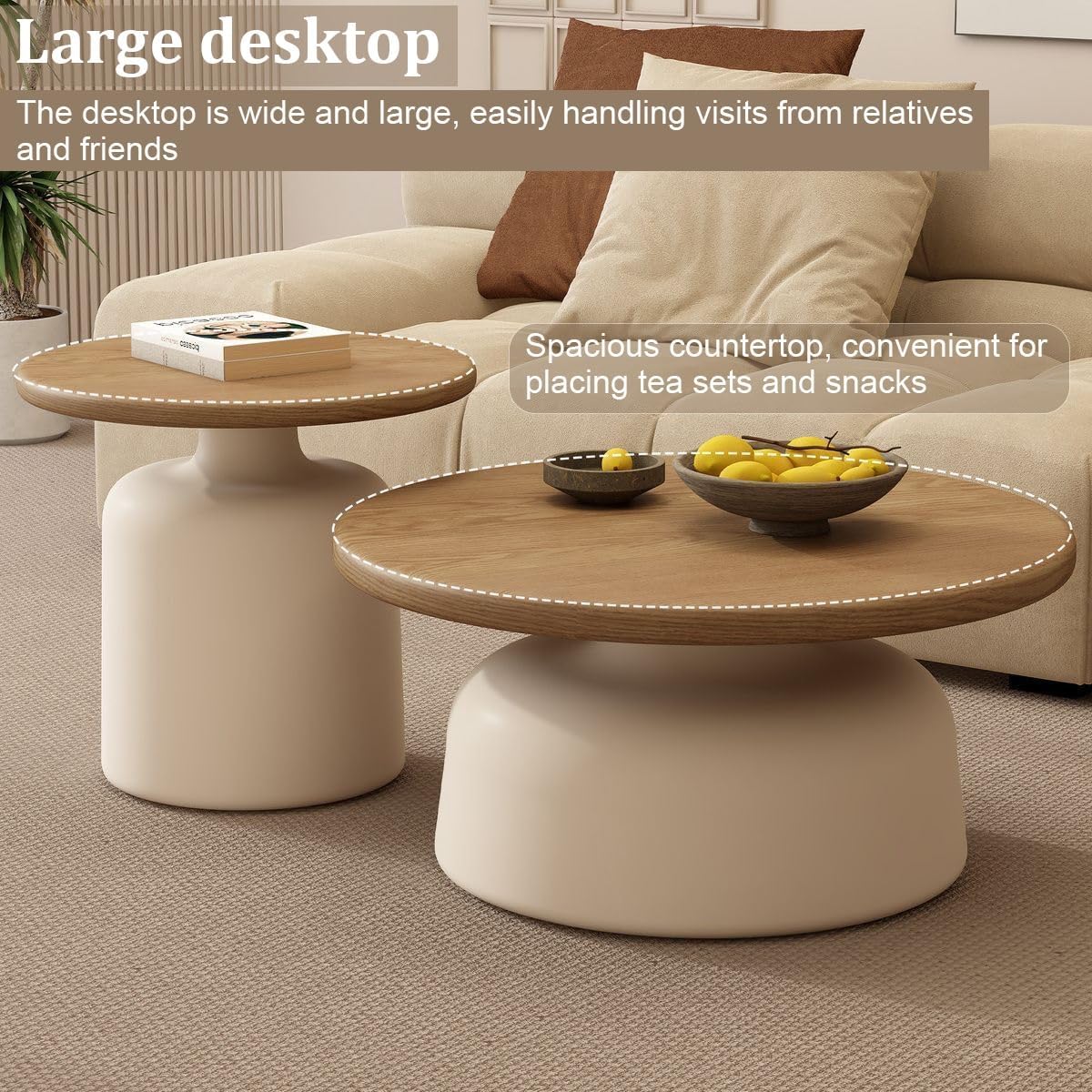 Table Basse Ronde Bois Massif, Table Basse Ronde Salon Moderne, Style Crémeux, Socle en Acier Au Carbone pour Maison Salon Bureau Ferme-Facile À Assembler(Black) – Image 5