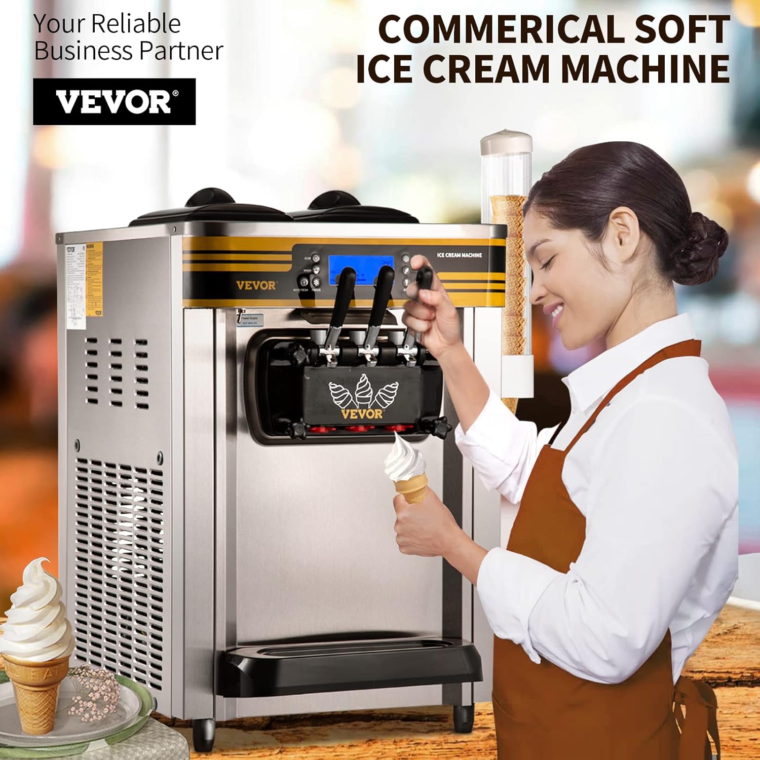 VEVOR Machine à Crème Glacée Molle 22-30L/h 2350W Machine à Glace Italienne Trémie 6L Sorbetière Glace à l’Italienne Pré-Réfrigération Décongélation en Un Clic 3 Saveurs Sundae Yaourt Café Snack-Bar – Image 2