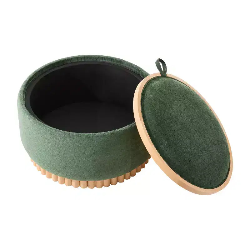 Polibi Round Storage Ottoman with Solid Wood Cylinder Base & Reversible Lid – Image 15