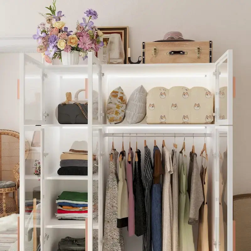 47.2 Wide Armoire LED Light All Glass Door Closet Cabinet Wardrobe – Image 2